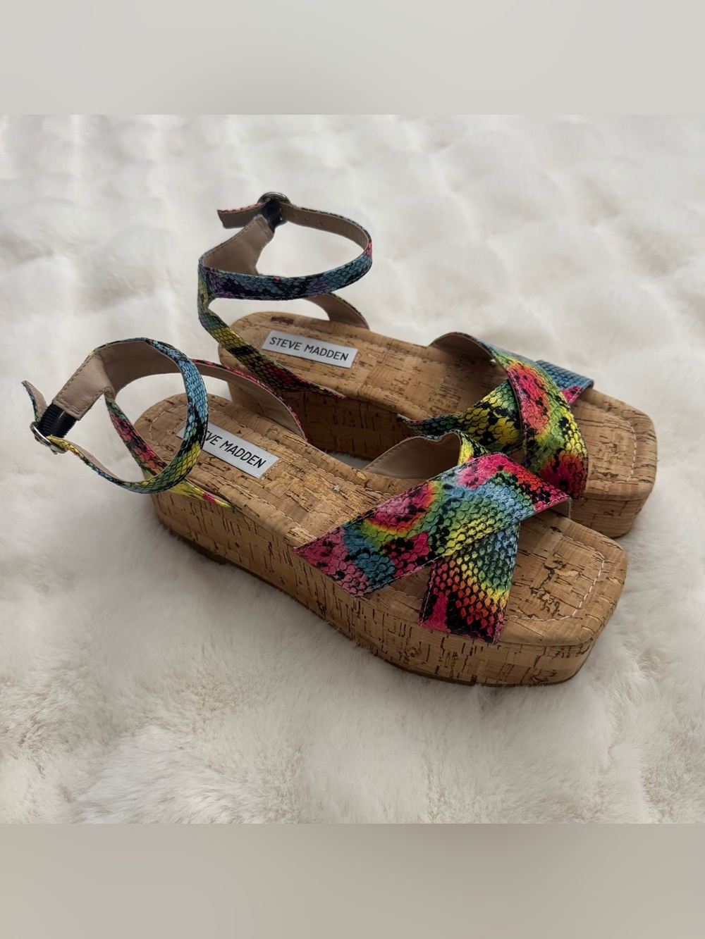 Steve Madden Platform Cork Rainbow Snake Print Sandals! VGUC